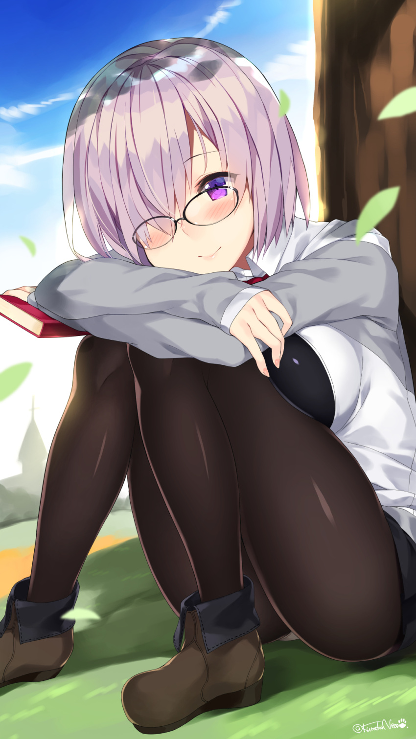1girl black_legwear blue_sky blush book breasts brown_shoes clouds crossed_arms day fate/grand_order fate_(series) glasses hair_over_one_eye highres holding holding_book kuro_chairo_no_neko large_breasts long_hair long_sleeves looking_at_viewer outdoors pantyhose purple_hair shielder_(fate/grand_order) shoes short_hair sky smile solo tree twitter_username violet_eyes