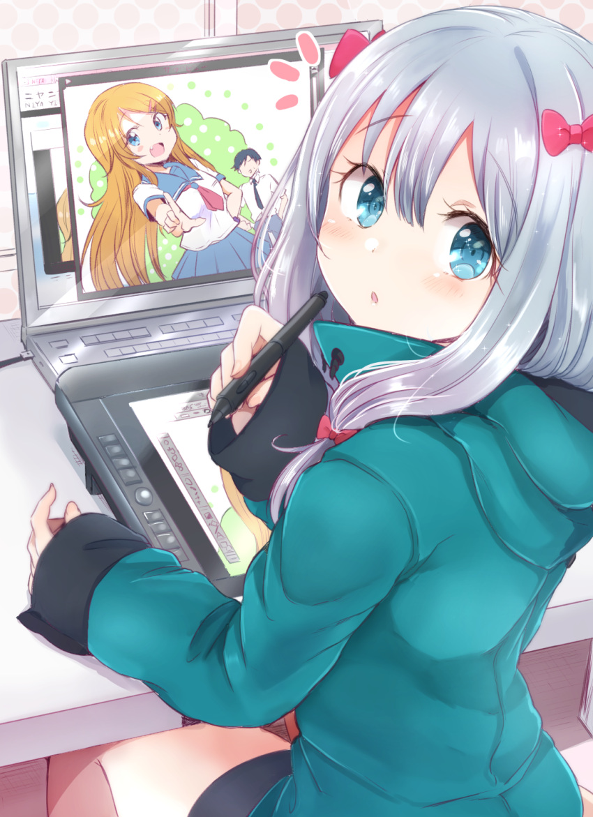 1girl :d :o bangs black_shorts blonde_hair blue_eyes blue_hair blush bow coat computer drawing ero_manga_sensei eromanga_sensei eyebrows_visible_through_hair from_behind hair_between_eyes hair_bow highres holding izumi_sagiri kamiya_zuzu kousaka_kirino kousaka_kyousuke laptop long_hair looking_at_viewer looking_back niconico open_mouth ore_no_imouto_ga_konna_ni_kawaii_wake_ga_nai pink_bow pointing pointing_at_viewer shorts siblings silver_hair sitting sleeves_past_wrists smile solo stylus tablet