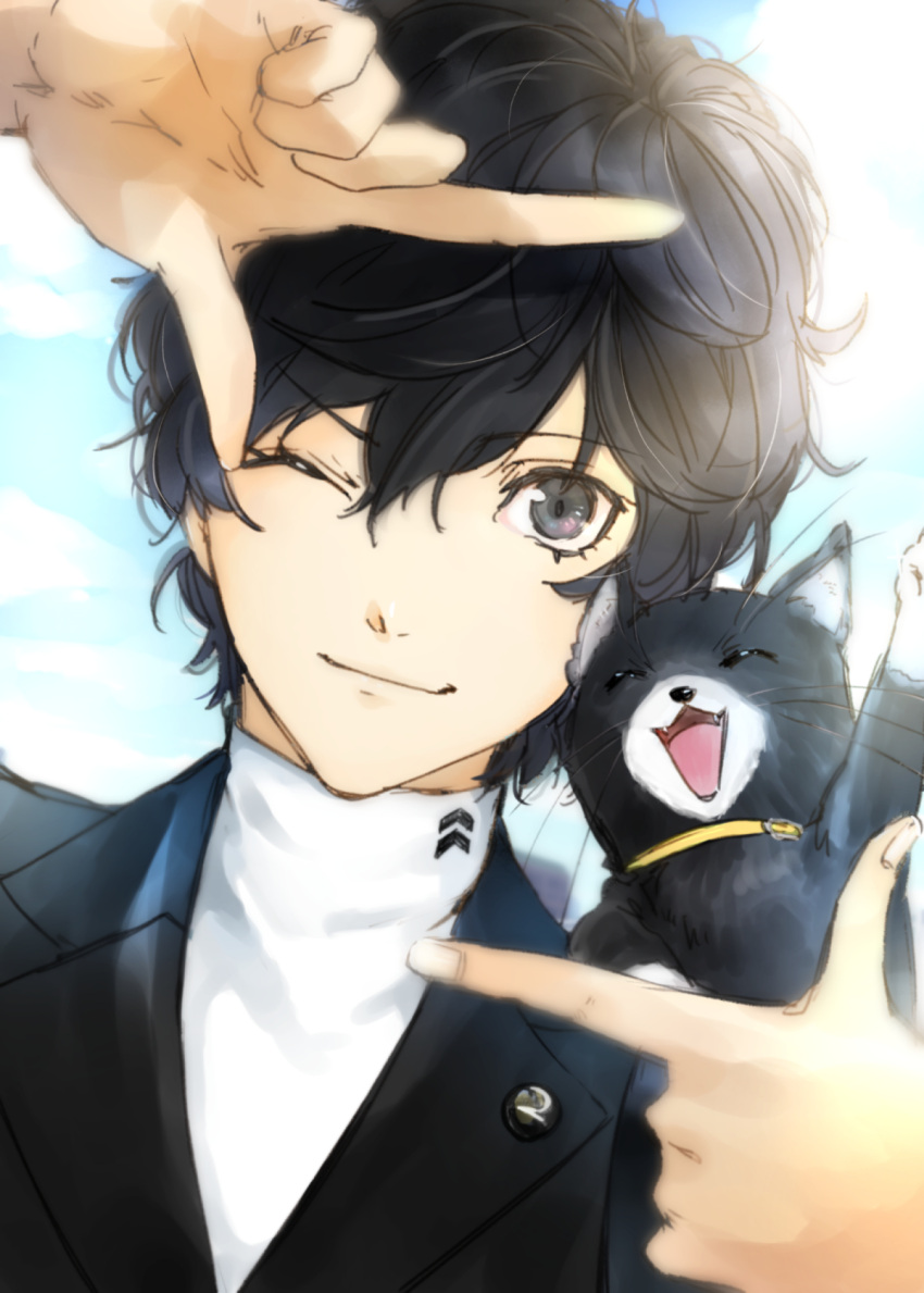 1boy animal black_cat black_hair blazer cat closed_eyes eyebrows_visible_through_hair eyelashes fangs finger_frame grey_eyes hair_between_eyes highres jacket kurusu_akira long_sleeves looking_at_viewer male_focus morgana_(persona_5) one_eye_closed persona persona_5 short_hair smile sweater turtleneck turtleneck_sweater whiskers