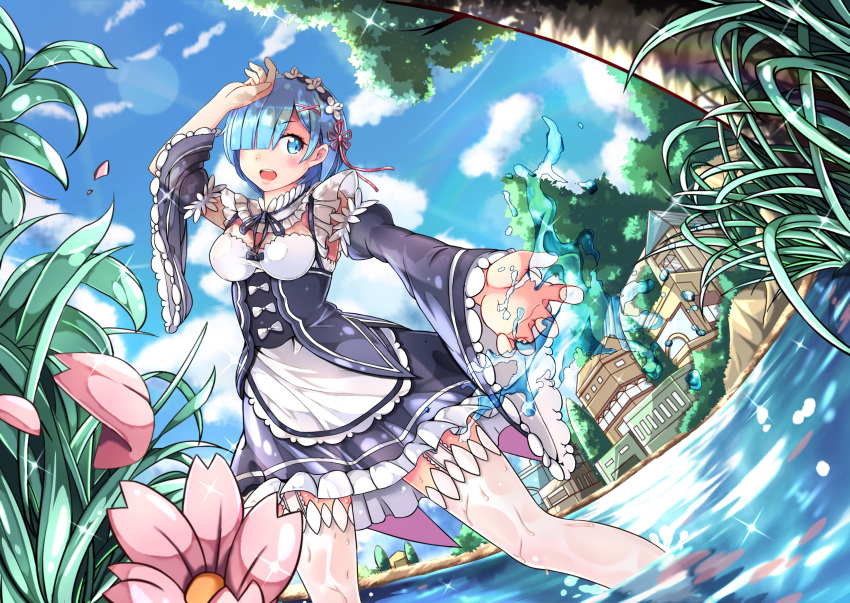 1girl absurdres akira_(362723462) arm_up blue_hair blush breasts building clouds day detached_sleeves flower garter_straps grass hair_ornament hair_over_one_eye highres lens_flare maid maid_headdress medium_breasts outdoors outstretched_arm partially_submerged petals re:zero_kara_hajimeru_isekai_seikatsu rem_(re:zero) ribbon-trimmed_clothes ribbon-trimmed_sleeves ribbon_trim short_hair sky solo sparkle splashing sunlight thigh-highs water white_legwear wide_sleeves x_hair_ornament