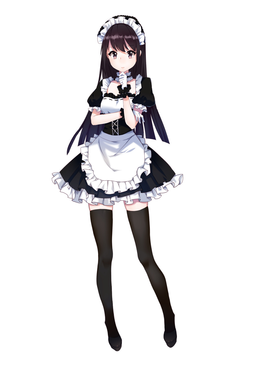 1girl absurdres apron bangs black_dress black_hair black_legwear black_shoes brown_eyes closed_mouth dress eyebrows_visible_through_hair frilled_apron frilled_sleeves frills full_body gloves hand_on_own_chin hand_up highres iiiroha legs_apart light_smile long_hair looking_at_viewer maid maid_headdress original puffy_short_sleeves puffy_sleeves shoes short_sleeves simple_background solo standing straight_hair thigh-highs waist_apron white_background white_gloves zettai_ryouiki