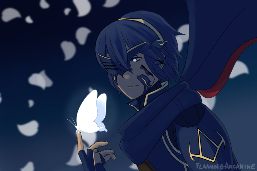 1girl blue_eyes blue_hair butterfly fire_emblem fire_emblem:_kakusei long_hair looking_at_viewer lucina mask mask_over_one_eye smile