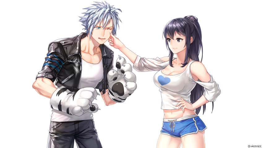1boy 1girl aken bare_shoulders black_eyes black_hair black_jacket black_pants blue_eyes breasts character_request cheek_pinching cleavage closed_mouth collarbone cowboy_shot cropped_jacket dungeon_and_fighter gloves groin hair_between_eyes hand_on_hip heart heart_print highres jacket large_breasts long_hair looking_at_another navel one_eye_closed open_clothes open_jacket pants parted_lips paw_gloves paws pinching ponytail shirt short_hair short_shorts shorts shoulder_cutout sidelocks silver_hair smile spiky_hair stomach wavy_mouth white_shirt
