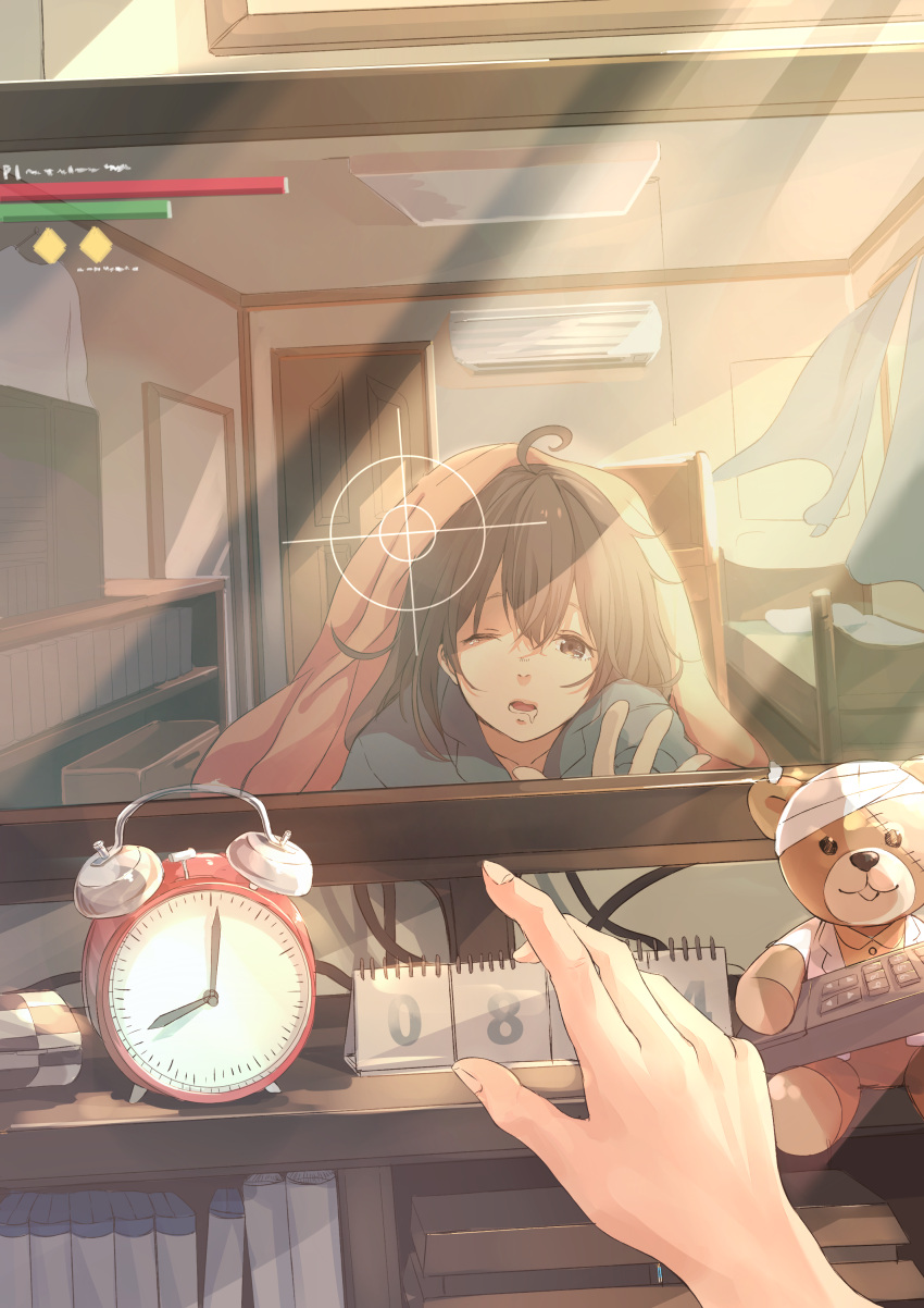 1girl absurdres ahoge air_conditioner akira_(mr_akira) alarm_clock bandage bed bookshelf brown_eyes brown_hair calendar clock controller curtains futon highres monitor one_eye_closed original remote_control saliva stuffed_animal stuffed_toy teddy_bear