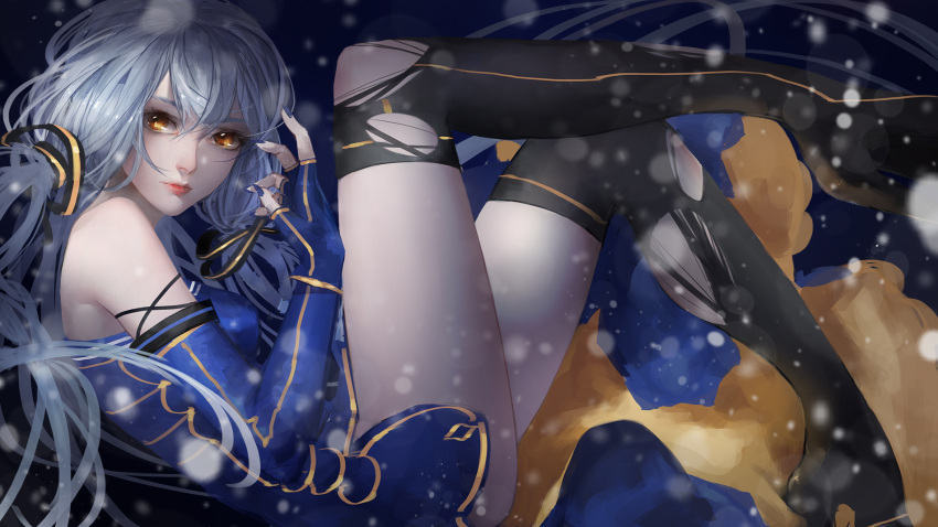 1girl bare_shoulders black_legwear blue_dress blue_hair dress elbow_gloves fingerless_gloves g_q gloves hair_ribbon highres lips long_hair nail_polish nose ribbon thigh-highs thighs torn_clothes torn_thighhighs vocaloid xingchen