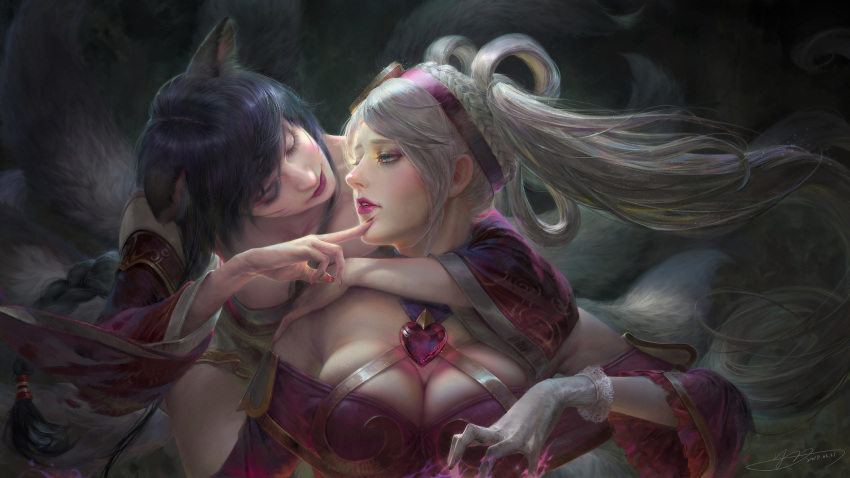 2girls ahri animal_ears arm_around_neck artstation_sample bangs bare_shoulders black_hair blue_eyes braid breasts brooch cleavage couple crown_braid dated dress energy eyelashes eyeshadow facial_mark finger_to_face fingernails floating_hair fox_ears fox_tail glitter gloves hair_rings hairband half-closed_eyes head_tilt highres hug hug_from_behind image_sample jewelry lace lace-trimmed_gloves large_breasts league_of_legends lips lipstick long_fingernails long_hair looking_at_another magic makeup medium_breasts multiple_girls multiple_tails nail_polish off-shoulder_dress off_shoulder parted_lips pink_dress pink_lipstick red_nails signature silver_hair single_braid sona_buvelle sweetheart_sona swept_bangs tail whisker_markings white_gloves wide_sleeves yu-han_chen yuri