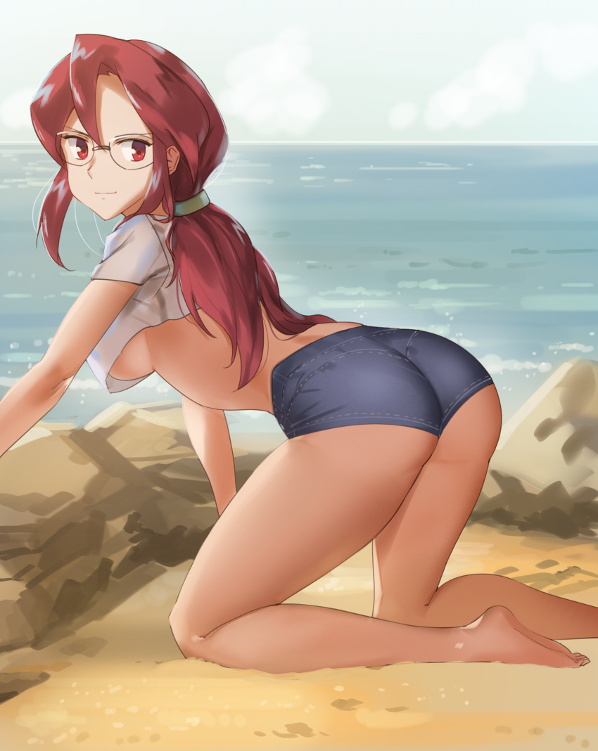 &gt;:) 1girl all_fours alternate_costume arm arm_support ass bare_legs barefoot beach blue_shorts breasts cakefriend closed_mouth crop_top elite_four female glasses highres kanna_(pokemon) kneeling large_breasts leaning leaning_forward legs light_smile long_hair looking_at_viewer looking_back midriff naughty_face nintendo no_bra ocean outdoors pokemon pokemon_(game) pokemon_frlg pokemon_rgby ponytail red_eyes redhead rock sand sea shirt short_shorts shorts sky smile solo t-shirt under_boob white_shirt
