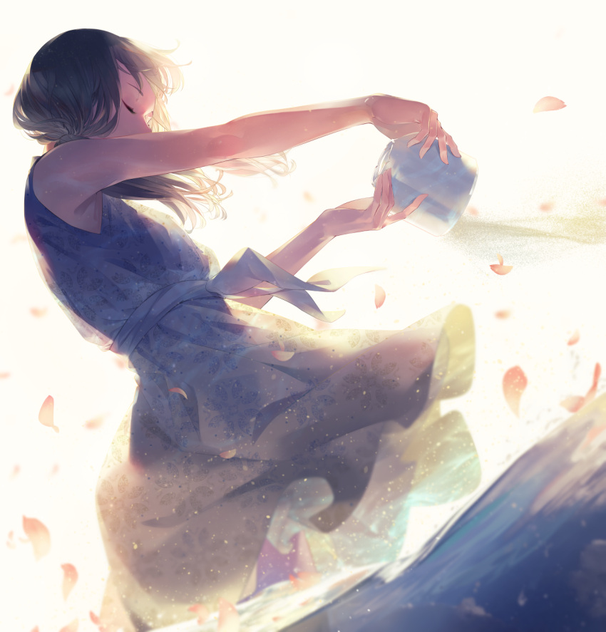 1girl ashes bare_back blurry closed_eyes depth_of_field dress dutch_angle highres long_hair original petals sawasawa solo urn wading wind