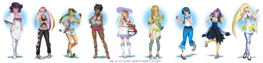 6+girls absurdres acerola_(pokemon) anklet bag baggy_pants bangs bellbottoms blonde_hair blue_eyes blue_hair boots braid breasts capelet capri_pants cleavage collage crossed_arms dark_skin denim dress eyeshadow flat_chest front_braid full_body glasses green_eyes green_hair gym_leader hat highres holding holding_poke_ball jeans jewelry ladle large_breasts leggings lillie_(pokemon) long_hair long_image low_twintails lowleg lowleg_pants lusamine_(pokemon) lychee_(pokemon) makeup mallow_(pokemon) matsurika_(pokemon) medium_breasts midriff mleth multicolored_hair multiple_girls navel overalls pants pantyhose parted_bangs pendant pink-framed_eyewear pink_hair plumeri_(pokemon) poke_ball pokemon pokemon_(game) pokemon_sm purple_hair quad_tails ribbed_sweater sandals short_hair short_shorts shorts small_breasts stomach_tattoo suiren_(pokemon) sun_hat sweater swept_bangs tan tattoo team_skull thigh-highs thigh_boots torn_clothes torn_jeans trial_captain twin_braids twintails two-tone_hair very_long_hair violet_eyes wicke_(pokemon) wide_image