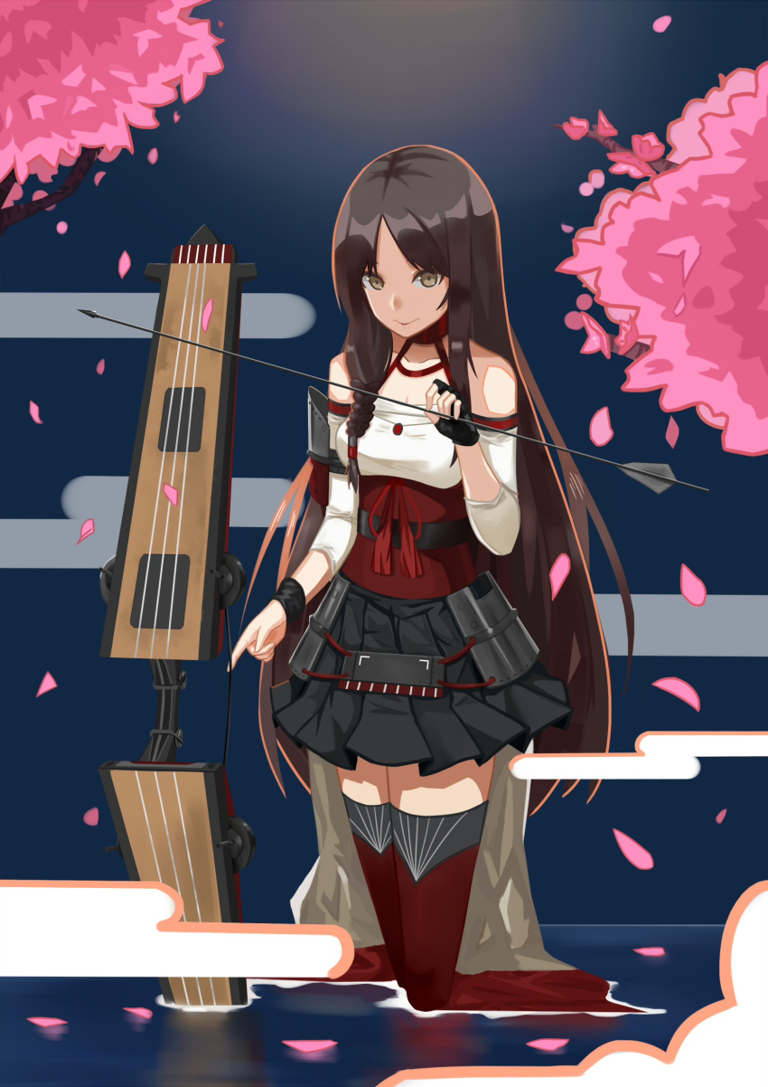 1girl arrow bangs black_gloves black_skirt bow braid brown_eyes brown_hair cherry_blossoms closed_mouth detached_sleeves fingerless_gloves flight_deck gloves highres holding holding_arrow holding_weapon kkgsama long_hair parted_bangs partially_submerged pleated_skirt shoukaku_(zhan_jian_shao_nyu) skirt solo thigh-highs tree tree_branch very_long_hair weapon zettai_ryouiki zhan_jian_shao_nyu