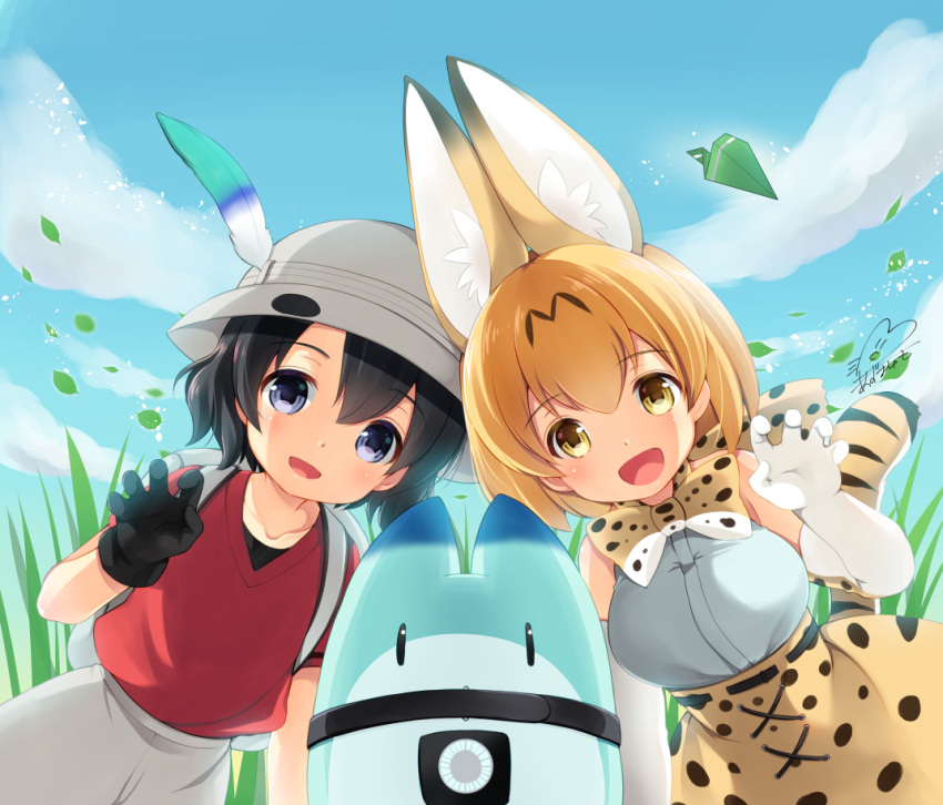 2girls animal_ears azuma_yuki bangs bare_shoulders black_gloves black_hair blonde_hair blue_sky bow bowtie breasts clouds collarbone day elbow_gloves feathers gloves kaban_(kemono_friends) kemono_friends looking_at_viewer lucky_beast_(kemono_friends) medium_breasts multiple_girls open_mouth petals red_shirt serval_(kemono_friends) serval_ears serval_print serval_tail shirt short_hair short_sleeves signature skirt sky sleeveless sleeveless_shirt smile tail white_gloves yellow_eyes