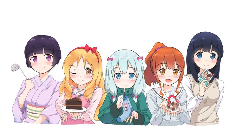 5girls ;) bandaged_fingers black_hair blonde_hair blue_eyes blush bow brown_eyes cake chocolate chocolate_heart drill_hair ero_manga_sensei eromanga_sensei eyebrows_visible_through_hair food hair_bow hairband hand_on_hip heart highres izumi_sagiri japanese_clothes jinno_megumi kimono ladle long_hair looking_at_viewer manga_(object) multiple_girls one_eye_closed orange_eyes orange_hair ponytail profnote purple_hair school_uniform senju_muramasa short_hair smile socks takasago_tomoe upper_body valentine violet_eyes white_background yamada_elf