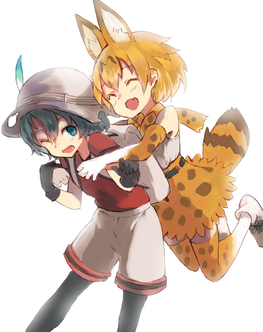 2girls animal_ears animal_print backpack bag bangs black_gloves black_hair black_legwear blonde_hair bloom blue_eyes bow bowtie bucket_hat closed_eyes fang gloves hair_between_eyes happy hat hat_feather highres hug hug_from_behind jumping kaban_(kemono_friends) kemono_friends multiple_girls nuqura one_eye_closed open_mouth red_shirt serval_(kemono_friends) serval_ears serval_print serval_tail shirt shoes short_hair simple_background skirt tail thigh-highs white_background white_shirt white_shoes yellow_skirt