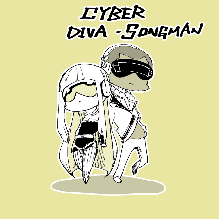 1boy 1girl back-to-back bangs blunt_bangs character_name chibi cyber_diva cyber_songman dark_skin dark_skinned_male headphones highres jacket jewelry long_hair monochrome necklace short_hair simple_background standing standing_on_one_leg sunglasses very_short_hair vocaloid yellow_background