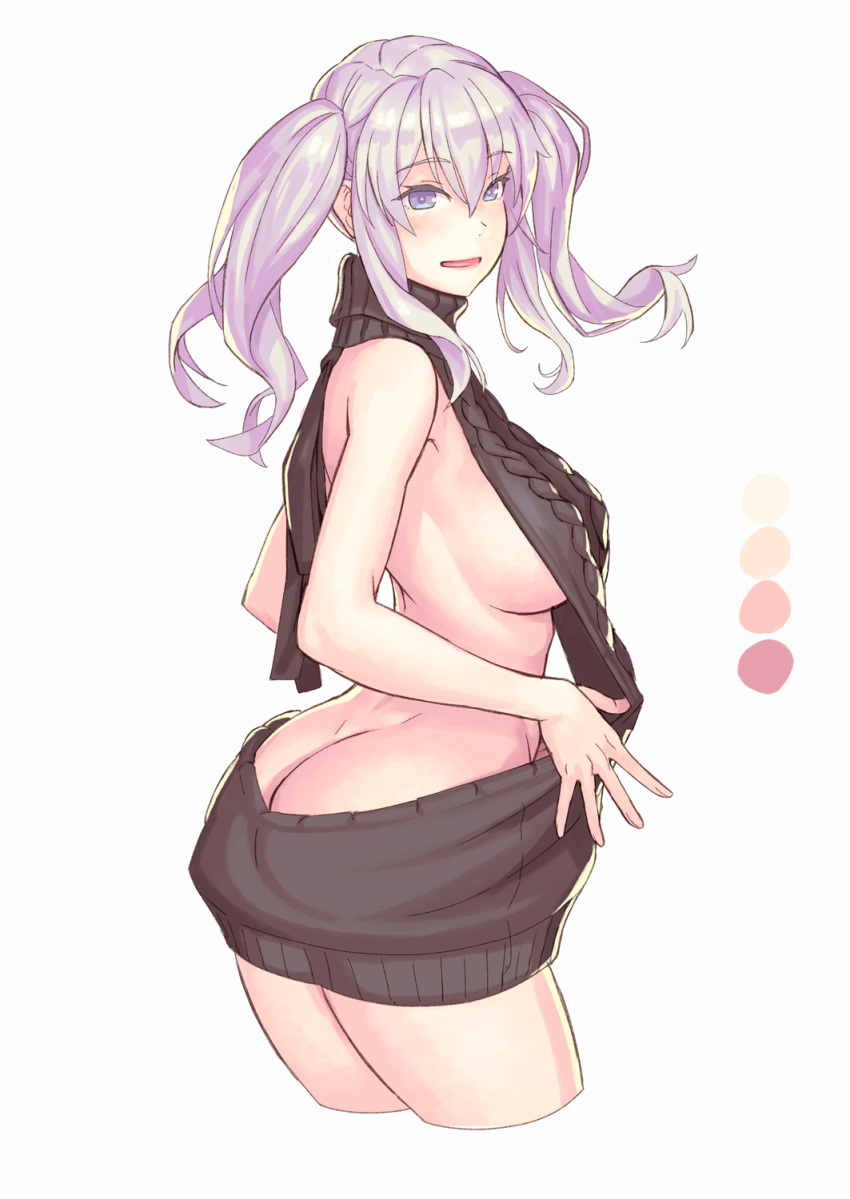 1girl aran_sweater ass backless_outfit bare_back black_sweater blue_eyes breasts butt_crack color_palette cropped_legs dress from_side highres kantai_collection kashima_(kantai_collection) large_breasts looking_to_the_side meme_attire naked_sweater open-back_dress sideboob sidelocks silver_hair solo sweater sweater_dress turtleneck turtleneck_sweater twintails virgin_killer_sweater white_background yuuji_(and)