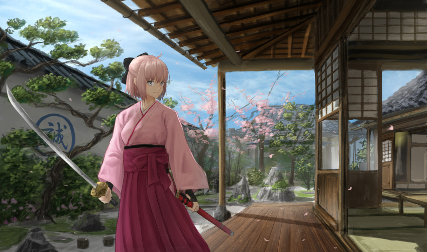 1girl ahoge architecture bangs black_bow blonde_hair bow cherry_blossoms closed_mouth commentary_request day east_asian_architecture fate_(series) garden grey_eyes hair_bow hakama high-waist_skirt highres holding holding_sword holding_weapon japanese_clothes k_ryo katana kimono koha-ace pink_kimono pleated_skirt purple_skirt sakura_saber scabbard sheath skirt sky solo sword tree wall weapon