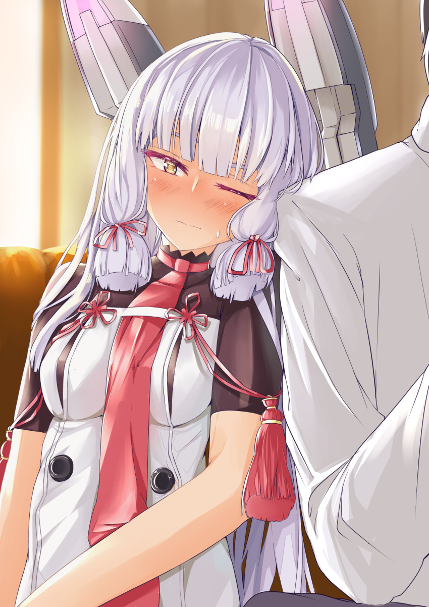 1boy 1girl blush chausson commentary_request dress hair_ribbon head_on_another's_shoulder highres jacket kantai_collection leaning_on_person long_hair long_sleeves murakumo_(kantai_collection) necktie one_eye_closed orange_eyes red_necktie remodel_(kantai_collection) ribbon sailor_dress sidelocks silver_hair tress_ribbon white_jacket