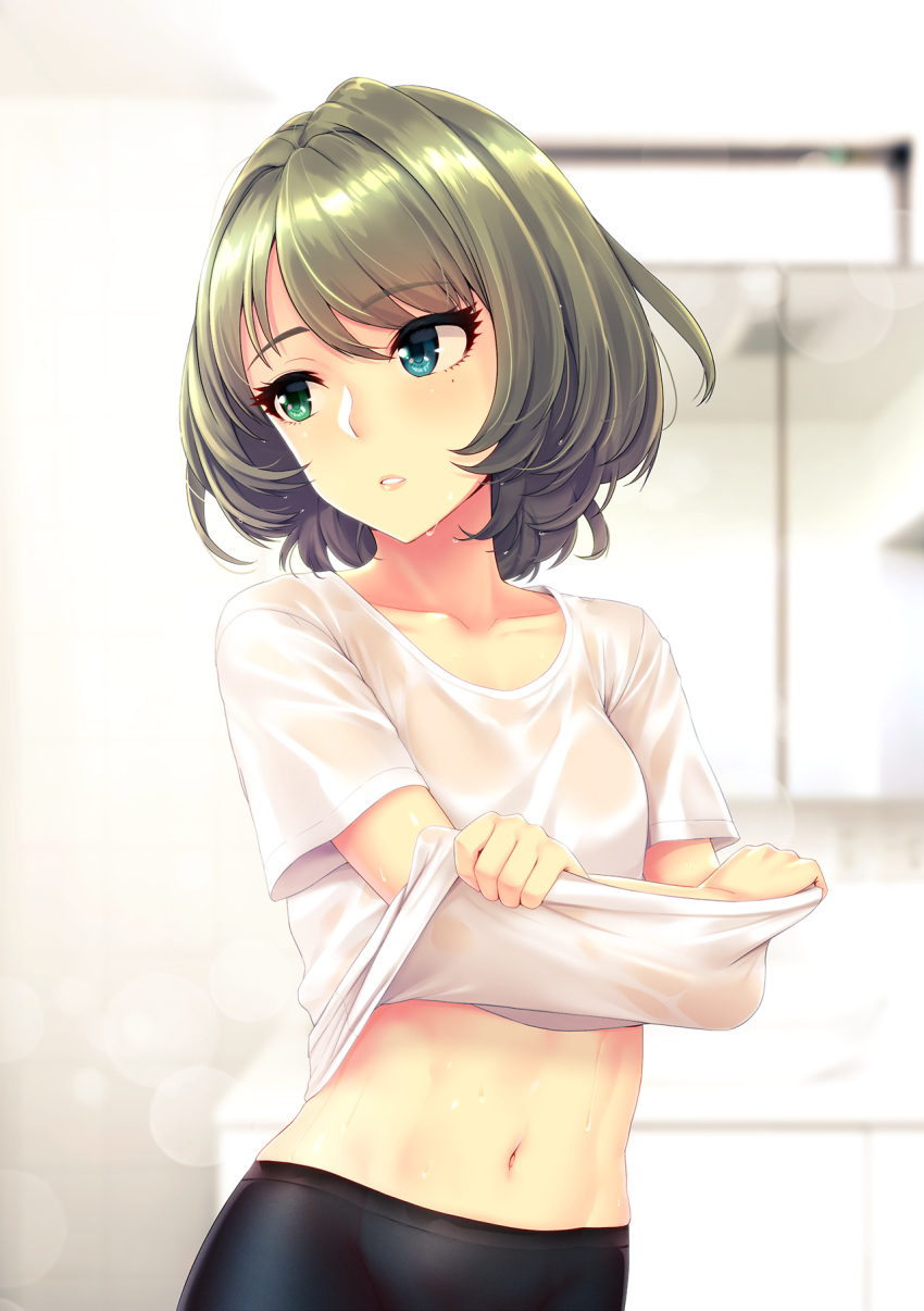 1girl bangs bathroom bike_shorts blue_eyes blurry blush bob_cut breasts check_commentary collarbone commentary_request cowboy_shot depth_of_field eyebrows_visible_through_hair eyelashes green_eyes green_hair heterochromia highres hips idolmaster idolmaster_cinderella_girls indoors infinote lens_flare lips looking_to_the_side midriff mole mole_under_eye navel parted_lips pink_lips see-through shiny shiny_skin shirt shirt_lift short_hair short_sleeves small_breasts solo stomach sweat swept_bangs takagaki_kaede tsurime upper_body water water_drop wet wet_clothes wet_hair wet_shirt