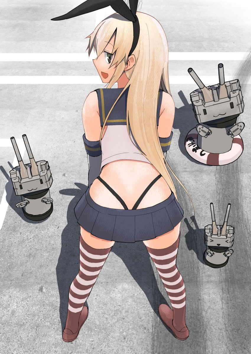 1girl anchor_hair_ornament bare_shoulders bending_forward black_panties blonde_hair commentary_request crop_top detached_sleeves elbow_gloves from_above gloves grey_eyes hair_ornament hairband highleg highleg_panties highres kantai_collection long_hair looking_at_viewer masukuza_j miniskirt open_mouth panties pleated_skirt rensouhou-chan sailor_collar school_uniform serafuku shimakaze_(kantai_collection) skirt striped striped_legwear thigh-highs thighs thong underwear white_gloves