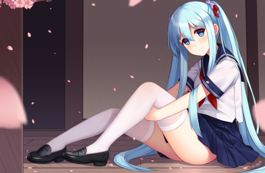 1girl absurdres allenes alternate_hairstyle black_shoes blue_eyes blue_hair blue_skirt cherry_blossoms commentary_request flower full_body highres loafers long_hair necktie petals pleated_skirt red_necktie shirayuki_(zhan_jian_shao_nyu) shoes sitting skirt solo thigh-highs twintails very_long_hair white_legwear wooden_floor zhan_jian_shao_nyu