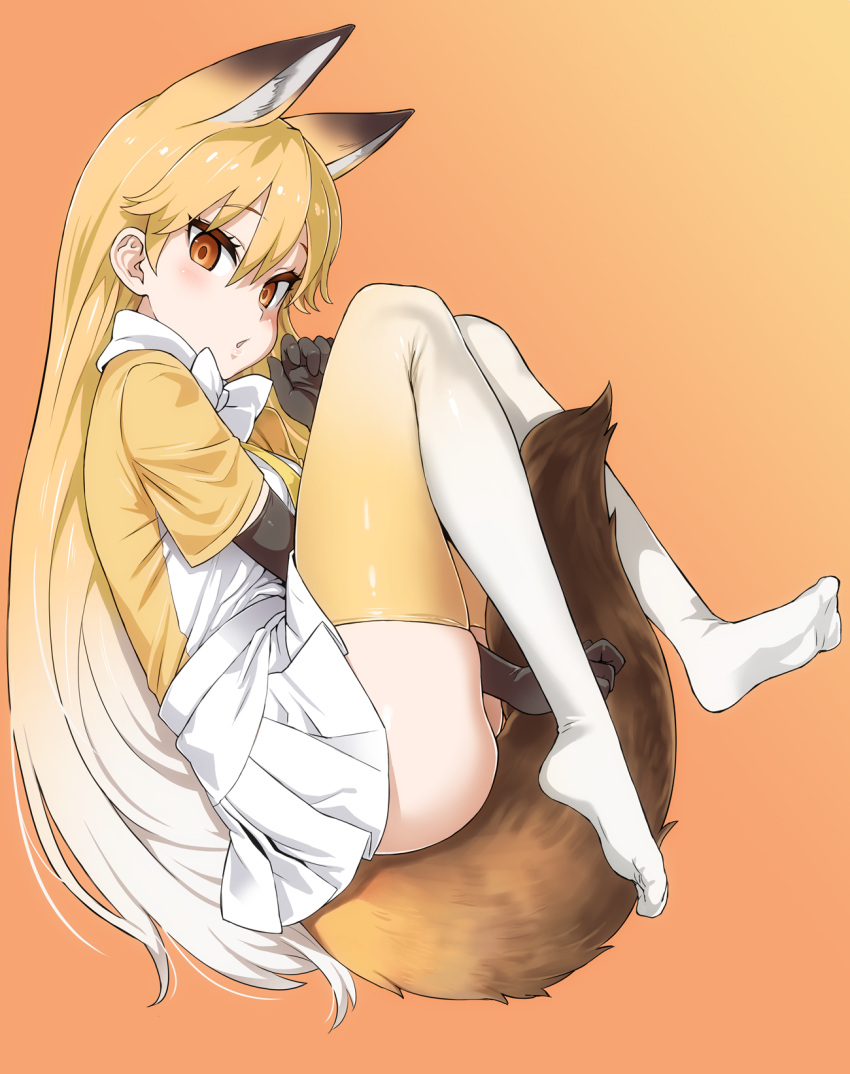 1girl animal_ears asanagi bent_knees black_gloves blonde_hair chestnut_mouth elbow_gloves ezo_red_fox_(kemono_friends) feet fox_ears fox_tail from_side full_body gloves gradient_hair gradient_legwear hair_between_eyes highres jacket kemono_friends long_hair long_sleeves looking_at_viewer multicolored_hair no_shoes orange_background simple_background skindentation tail thigh-highs yellow_eyes