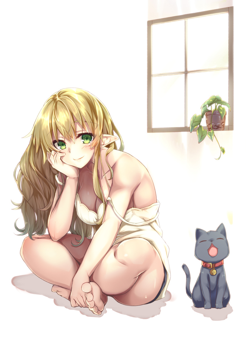 1girl absurdres bangs barefoot bell bell_collar blonde_hair breasts cat cleavage closed_mouth collar green_eyes hand_on_own_cheek highres indian_style indoors jingle_bell lingerie long_hair looking_at_viewer medium_breasts nightgown original plant pointy_ears potted_plant satou_(kuso-neet) sitting smile solo strap_slip underwear window