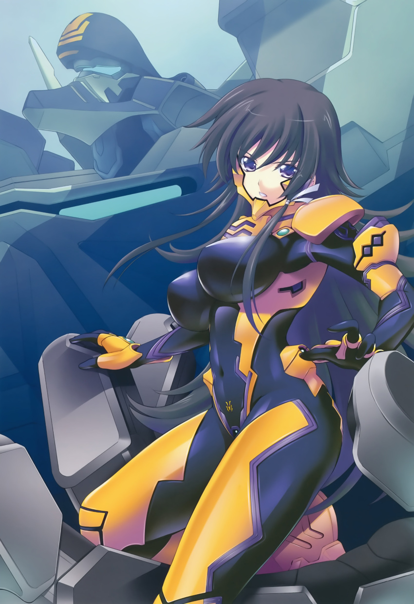 1girl absurdres black_bodysuit black_hair bodysuit breasts covered_navel highres impossible_bodysuit impossible_clothes large_breasts long_hair looking_at_viewer mecha miyata_sou muvluv muvluv_alternative muvluv_total_eclipse official_art pilot_suit scan shiny shiny_clothes shiny_hair skin_tight solo takamura_yui teeth type_94_shiranui very_long_hair violet_eyes