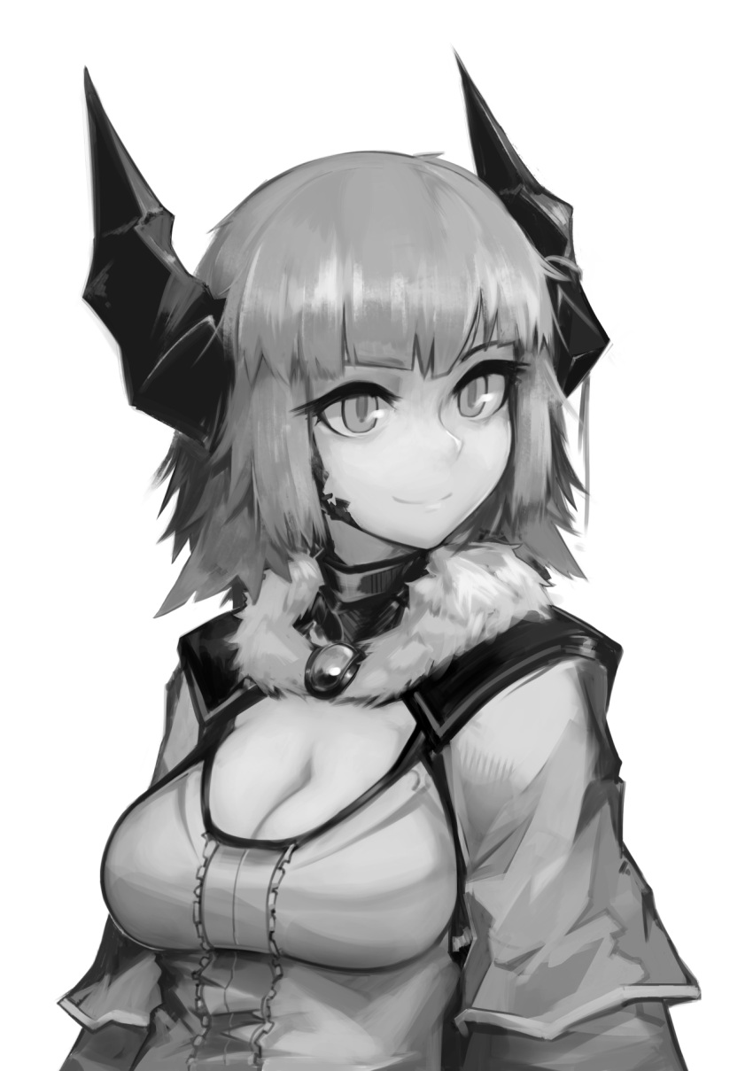 1girl amulet au_ra bangs blunt_bangs breasts cleavage deel_(rkeg) dragon_girl dragon_horns final_fantasy final_fantasy_xiv greyscale highres horns large_breasts messy_hair monochrome scales short_hair simple_background smile solo white_background