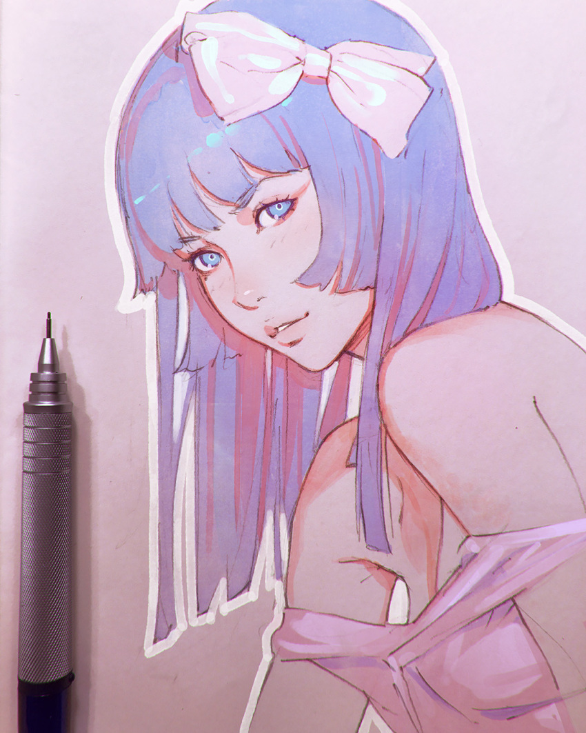 1girl bare_shoulders blue_eyes blue_hair highres ilya_kuvshinov long_hair looking_at_viewer mechanical_pencil off_shoulder pencil photo simple_background solo