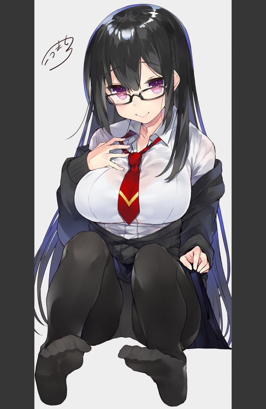 1girl bangs black-framed_eyewear black_glasses black_hair black_legwear blush bra breasts cardigan character_request collared_shirt commentary_request copyright_request eyebrows_visible_through_hair feet glasses highres kou_mashiro large_breasts long_hair looking_at_viewer necktie no_shoes original panties panties_under_pantyhose pantyhose pantyshot pantyshot_(sitting) pleated_skirt see-through shirt signature sitting skirt sleeves_past_wrists smile soles solo toes underwear violet_eyes white_bra white_panties white_shirt wing_collar