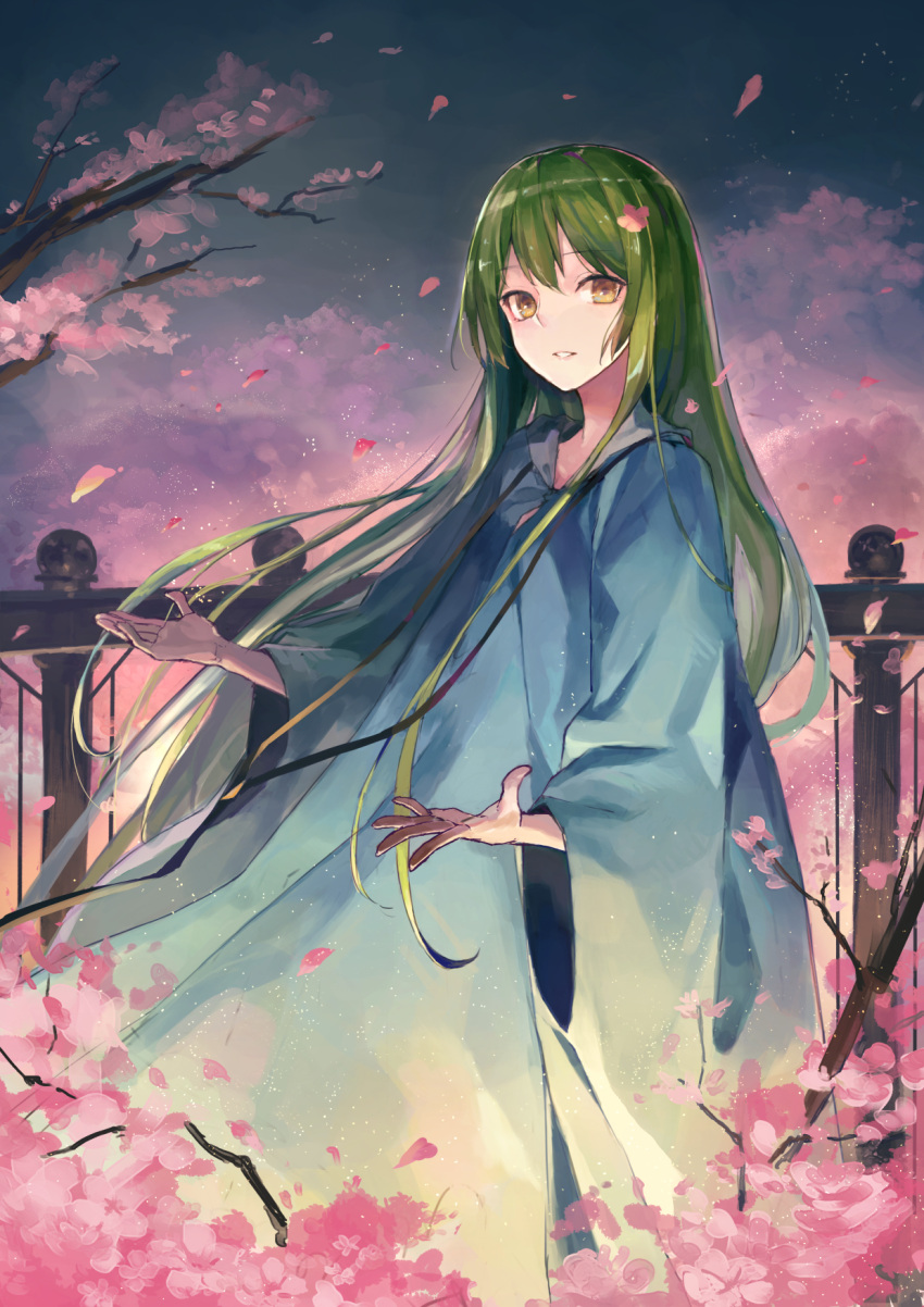 1boy androgynous branch cherry_blossoms commentary_request enkidu_(fate/strange_fake) fate/grand_order fate/strange_fake fate_(series) fence green_hair highres jewelry kobutakurassyu long_hair long_sleeves looking_at_viewer male_focus necklace night outdoors outstretched_hand parted_lips petals robe solo tree tree_branch white_clothes white_robe wide_sleeves wind yellow_eyes