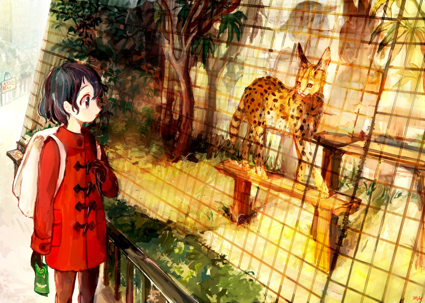 2girls adapted_costume animal animal_ears backpack bag bench black_gloves black_hair black_legwear blue_eyes bucket_hat bush buttons coat collar contemporary duffel_coat emu_(m-cch87) eyebrows fence from_side gloves grass ground hat holding holding_paper japari_symbol kaban_(kemono_friends) kemono_friends long_sleeves looking_at_another lucky_beast_(kemono_friends) map multiple_girls no_hat no_headwear outdoors pantyhose paper pocket profile red_coat serval serval_(kemono_friends) serval_ears short_hair signature silhouette sketch sleeve_cuffs standing tareme tree zoo