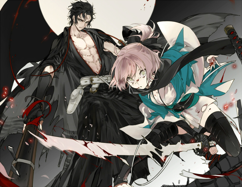 1boy 1girl ahoge barefoot belt black_bow black_eyes black_gloves black_hair black_legwear black_scarf blood blood_on_face bow chest commentary_request elbow_gloves fate/grand_order fate_(series) fingerless_gloves full_moon gloves green_eyes hair_bow hakama half_updo haori hijikata_toshizou_(fate/grand_order) holding holding_sword holding_weapon japanese_clothes katana kimono koha-ace looking_at_viewer moon night obi one_knee open_clothes open_kimono pectorals pink_hair sakura_saber sash scarf shinsengumi short_hair short_kimono short_ponytail standing suou sword thigh-highs toeless_legwear weapon