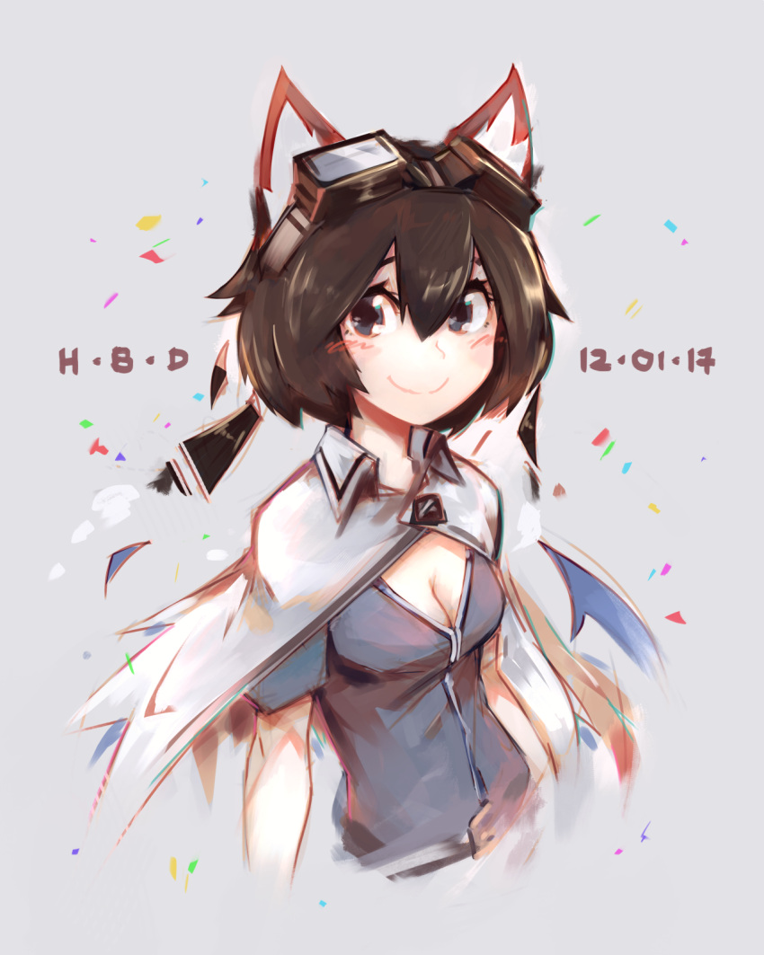 1girl animal_ears blue_eyes blue_shirt blush breasts brown_hair capelet cat_ears cat_girl cleavage collar confetti dated deel_(rkeg) goggles goggles_on_head grey_background highres looking_at_viewer medium_breasts original shirt short_hair short_sleeves simple_background smile solo upper_body white_capelet