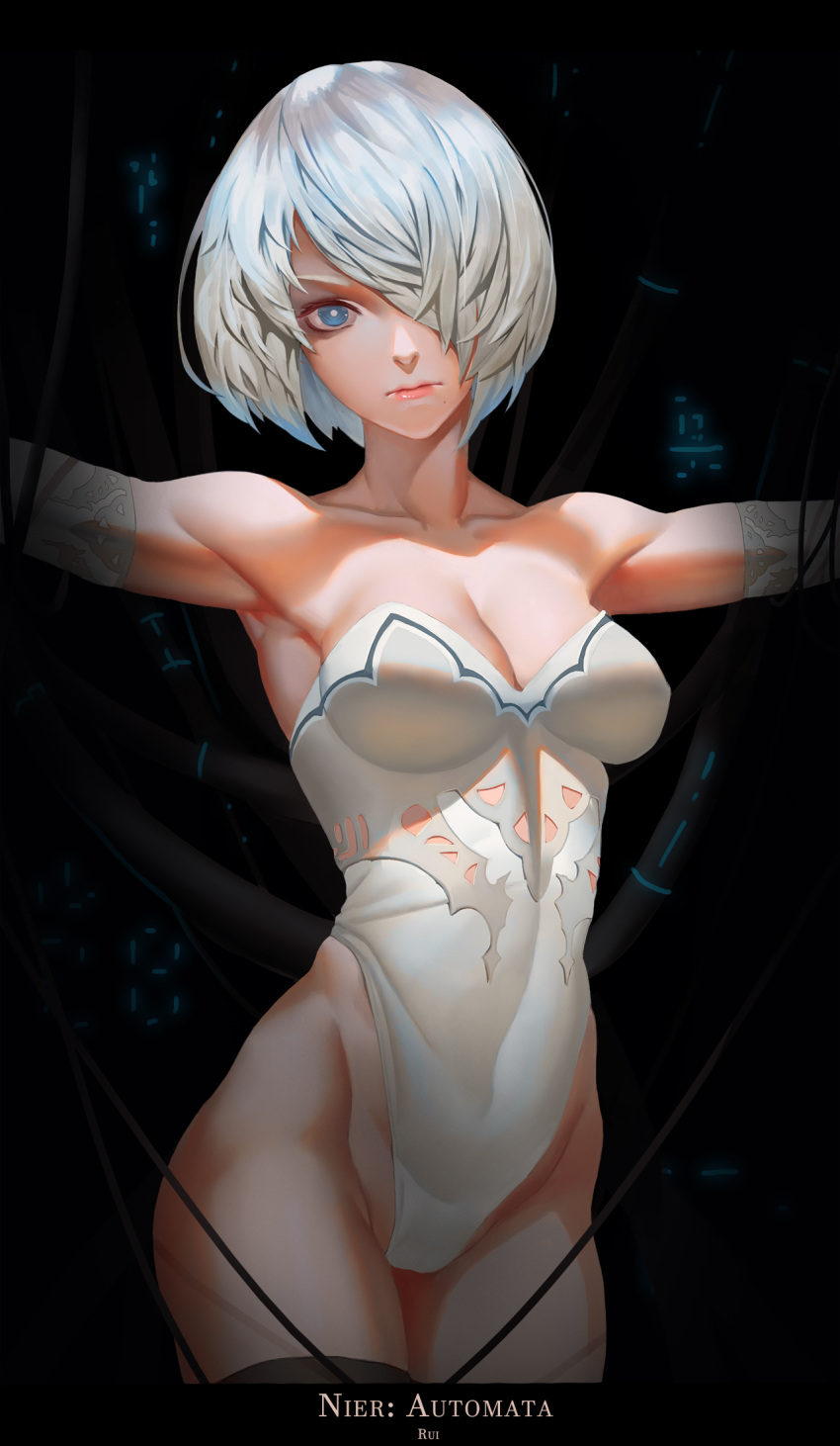 1girl armpits artist_name bare_shoulders black_legwear blue_eyes breasts cable cleavage closed_mouth collarbone copyright_name cowboy_shot groin hair_over_one_eye highleg highleg_leotard highres legs_together leotard lips looking_at_viewer medium_breasts mole mole_under_mouth nier_(series) nier_automata no_blindfold nose one_eye_covered pink_lips ray_(nagaseray) restrained short_hair silver_hair solo strapless strapless_leotard thigh-highs white_hair white_leotard yorha_no._2_type_b
