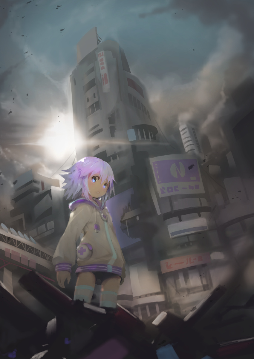 1girl absurdres broken building choujigen_game_neptune city cityscape highres hood hooded_track_jacket jacket neptune_(choujigen_game_neptune) neptune_(series) purple_hair scenery segamark sky skyscraper solo track_jacket