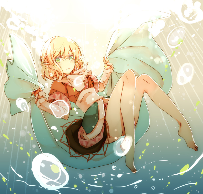 1girl afloat arm_warmers atoki barefoot black_skirt blonde_hair brown_shirt bubble commentary_request frills full_body green_eyes highres looking_at_viewer mizuhashi_parsee pointy_ears sash scarf shawl shirt short_hair skirt solo touhou underwater white_scarf wide_sleeves