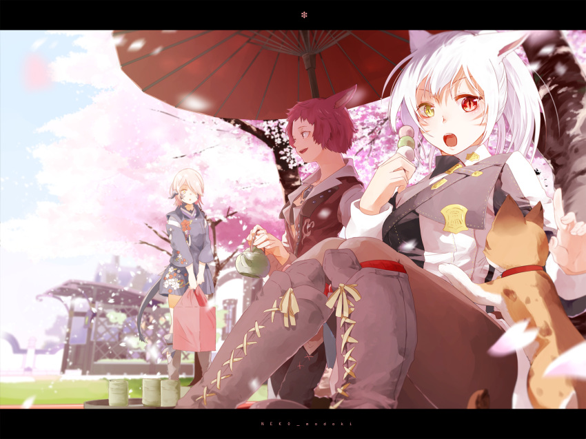 3girls :o animal_ears artist_name au_ra blurry boots box carrying cat cat_ears cherry_blossoms cross-laced_footwear dango depth_of_field detached_sleeves dragon_girl dragon_horns dragon_tail facial_mark final_fantasy final_fantasy_xiv floral_print food green_eyes heterochromia highres horns jewelry knee_boots knees_together_feet_apart lace-up_boots letterboxed light lili_mdoki looking_at_another looking_to_the_side miqo'te multiple_girls oriental_umbrella pantyhose park pendant petals picnic pink_hair ponytail red_eyes shade short_hair sitting slit_pupils spring tail teapot tree umbrella wagashi