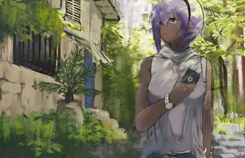 1girl alternate_costume assassin_(fate/prototype_fragments) bangs bare_shoulders belt closed_mouth dark_skin day fate/prototype fate/prototype:_fragments_of_blue_and_silver fate_(series) grass hairband highres holding holding_phone hood house looking_to_the_side nature outdoors phone plant purple_hair scenery short_hair solo tree tsuiru upper_body violet_eyes watch watch