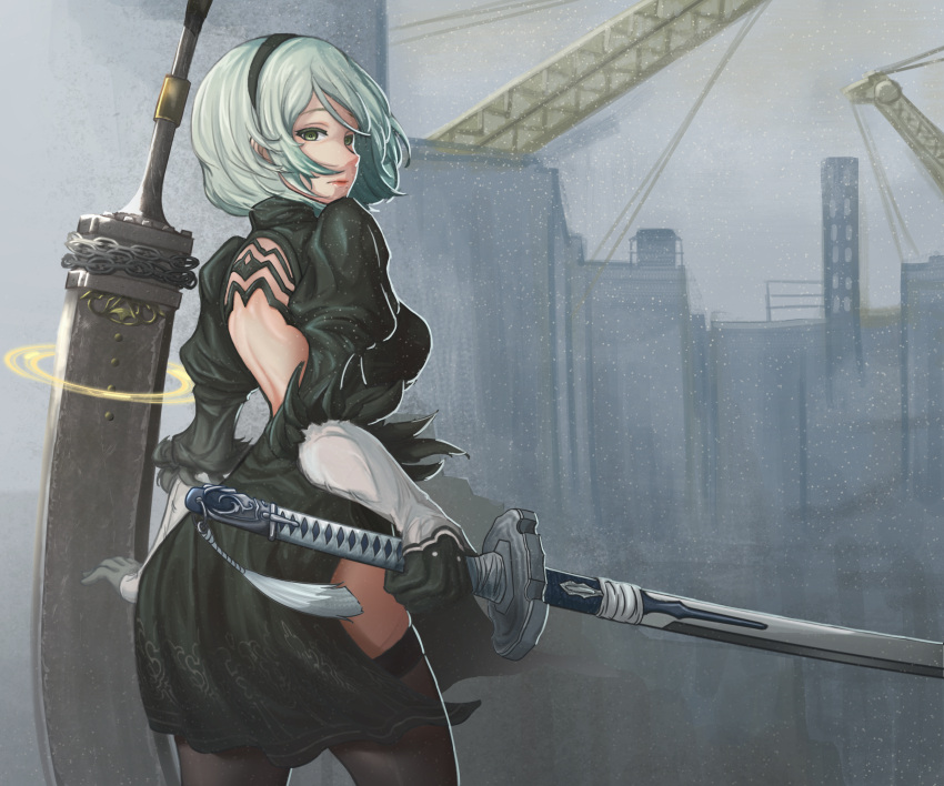 1girl arm_at_side back back_opening black_dress black_gloves black_hairband black_legwear black_ribbon breasts broadsword chains closed_mouth cowboy_shot crane dress feather-trimmed_sleeves feather_trim from_behind gloves greatsword green_eyes hairband highres holding holding_sword holding_weapon huge_weapon juliet_sleeves katana legs_apart lips long_sleeves looking_at_viewer looking_back maaya99 medium_breasts mole mole_under_mouth nier_(series) nier_automata no_blindfold open-back_dress outdoors pink_lips puffy_sleeves ribbed_dress ribbon short_dress short_hair side_slit silver_hair small_breasts solo standing sword tassel thigh-highs turtleneck vambraces weapon weapon_on_back yorha_no._2_type_b