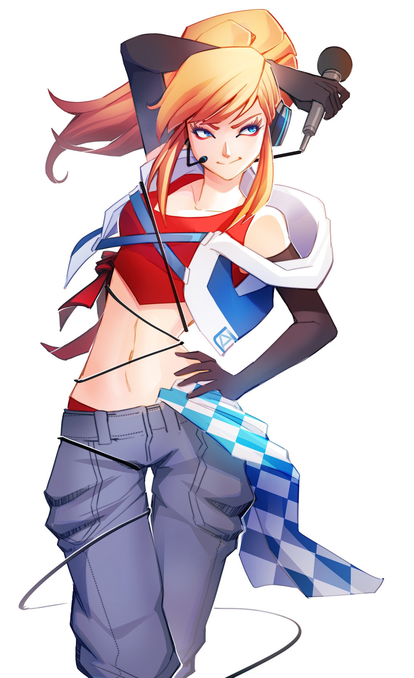 1girl absurdres arm_behind_head black_gloves blue_eyes checkered_scarf contrapposto cowboy_shot crop_top daina_(vocaloid) denim elbow_gloves eyeliner gloves hand_on_hip headphones highres jeans long_hair looking_to_the_side makeup microphone midriff orange_hair pants pechan ponytail scarf smile solo vest vocaloid