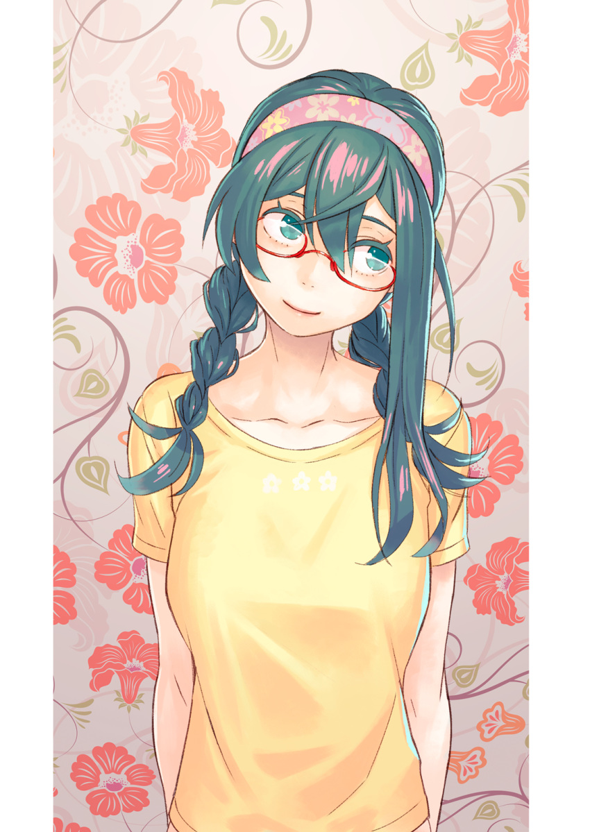 1girl alternate_costume alternate_hairstyle arms_behind_back black_hair braid casual collarbone floral_background floral_print glasses green_eyes hair_between_eyes hair_over_shoulder hairband head_tilt highres kantai_collection long_hair looking_to_the_side ooyodo_(kantai_collection) red-framed_eyewear semi-rimless_glasses shirt short_sleeves smile solo t-shirt twin_braids under-rim_glasses upper_body yellow_shirt yuuji_(and)