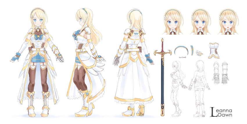1girl absurdres armor armored_boots armored_dress belt blonde_hair blue_eyes blue_skirt blush boots bow buckle character_name character_sheet concept_art corset cross-laced_footwear crystalline detached_sleeves eyebrows_visible_through_hair faulds fingerless_gloves garter_straps gloves gold_trim hair_ornament hairband hand_on_own_chest high_heel_boots high_heels highres lace-up_boots leanna_dawn long_hair sheath sheathed single_fingerless_glove single_gauntlet skirt smile spaulders sunimu sword thigh-highs waist_cape weapon white_armor white_background zettai_ryouiki