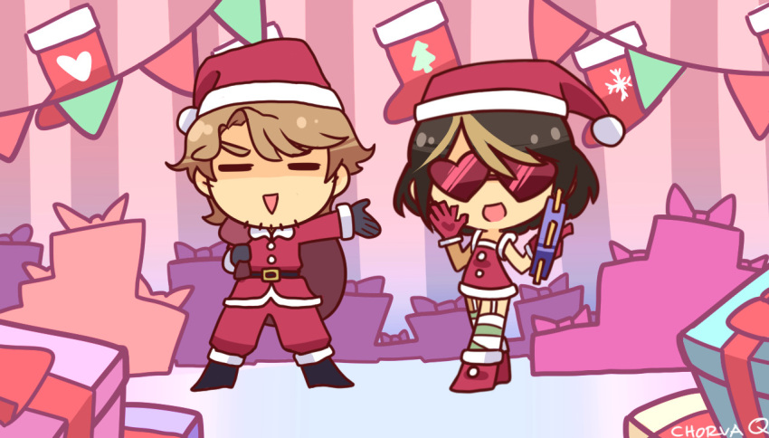 1boy 1girl =_= artist_name black_gloves boots brown_hair bruno_(vocaloid) chibi chorvaqueen christmas christmas_stocking clara_(vocaloid) facial_hair gift gloves heart-shaped_glasses heart-shaped_sunglasses instrument music outstretched_arm pennant playing_instrument red_gloves sack santa_costume smile stubble sunglasses tambourine vocaloid