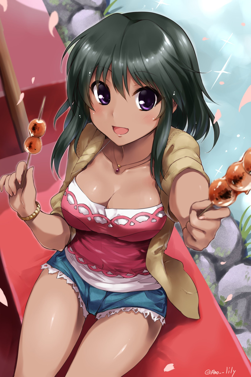 1girl :d absurdres arm_up black_hair blush bracelet breasts camisole cherry_blossoms cleavage collarbone dango dark_skin eyebrows_visible_through_hair food from_above highres idolmaster idolmaster_cinderella_girls jewelry large_breasts looking_at_viewer natalia_(idolmaster) necklace open_mouth outdoors paopao petals pond rock short_shorts shorts sitting smile solo twitter_username violet_eyes wagashi