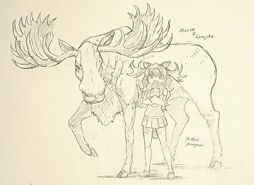 1girl animal animal_ears antlers kemono_friends long_hair monochrome moose moose_(kemono_friends) moose_ears tail yamaguchi_yoshimi