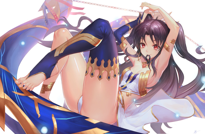 1girl anklet armlet armpits arms_up bare_shoulders barefoot black_hair duan_henglong earrings fate/grand_order fate_(series) feet hair_ribbon highres ishtar_(fate/grand_order) jewelry legs long_hair looking_at_viewer mouth_hold navel red_eyes revision ribbon single_thighhigh solo thigh-highs toeless_legwear toeless_socks toes tohsaka_rin twintails