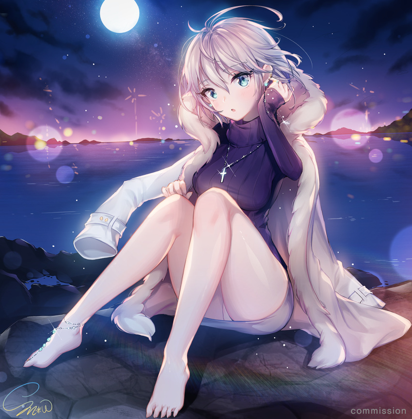 1girl :o anastasia_(idolmaster) anklet bad_feet bad_id bad_pixiv_id barefoot barefoot_sandals blue_eyes commentary cross cross_necklace feet full_moon fur_coat fur_trim highres horizon idolmaster idolmaster_cinderella_girls jewelry lens_flare looking_at_viewer moon necklace ocean panties pantyshot pantyshot_(sitting) short_hair silver_hair sitting skirt snow_is_ solo toe_ring toes underwear