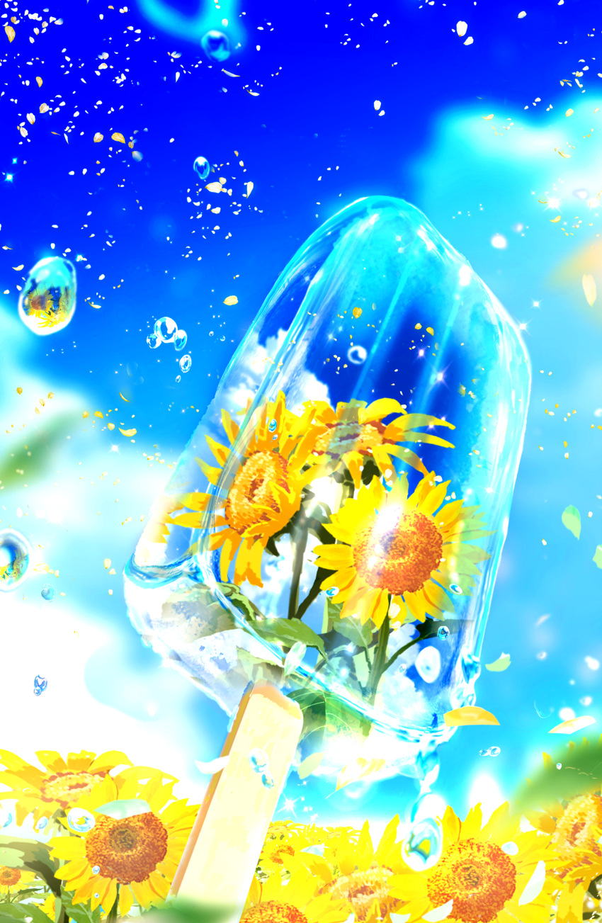 absurdres blurry blurry_background bubble clouds cloudy_sky day falling_petals field flower flower_field food highres ice_cream makoron117117 nature no_humans original outdoors petals reflection reflective_water scenery sky summer sunflower sunflower_petals water wood