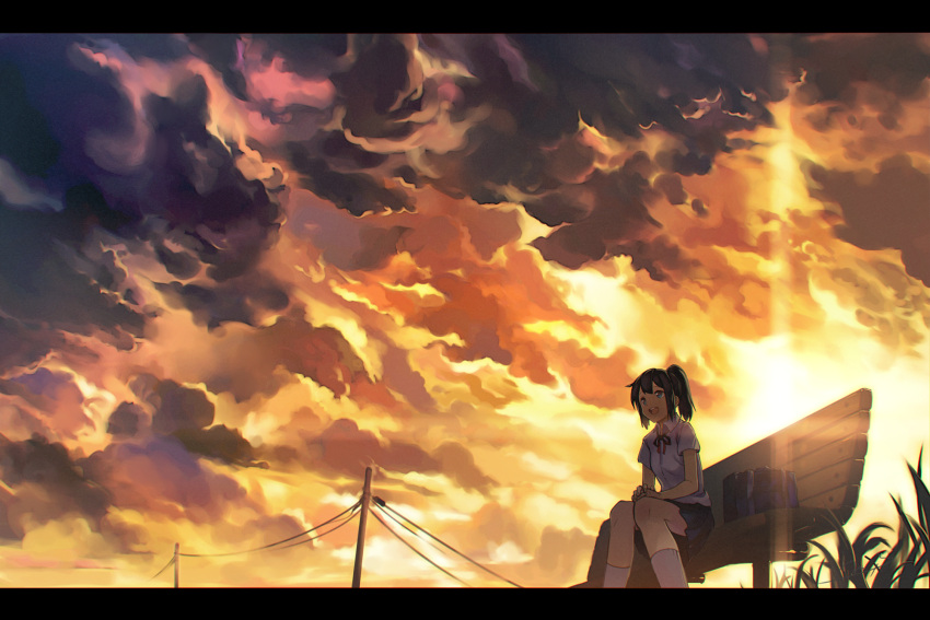 1girl backlighting bag bench black_hair blue_eyes blurry clouds cloudy_sky film_grain grass hands_on_lap happy high_ponytail highres knees_together_feet_apart lens_flare letterboxed long_hair m.b neck_ribbon open_mouth original ponytail power_lines ribbon scenery school_bag school_uniform sitting skirt sky smile solo sunset telephone_pole